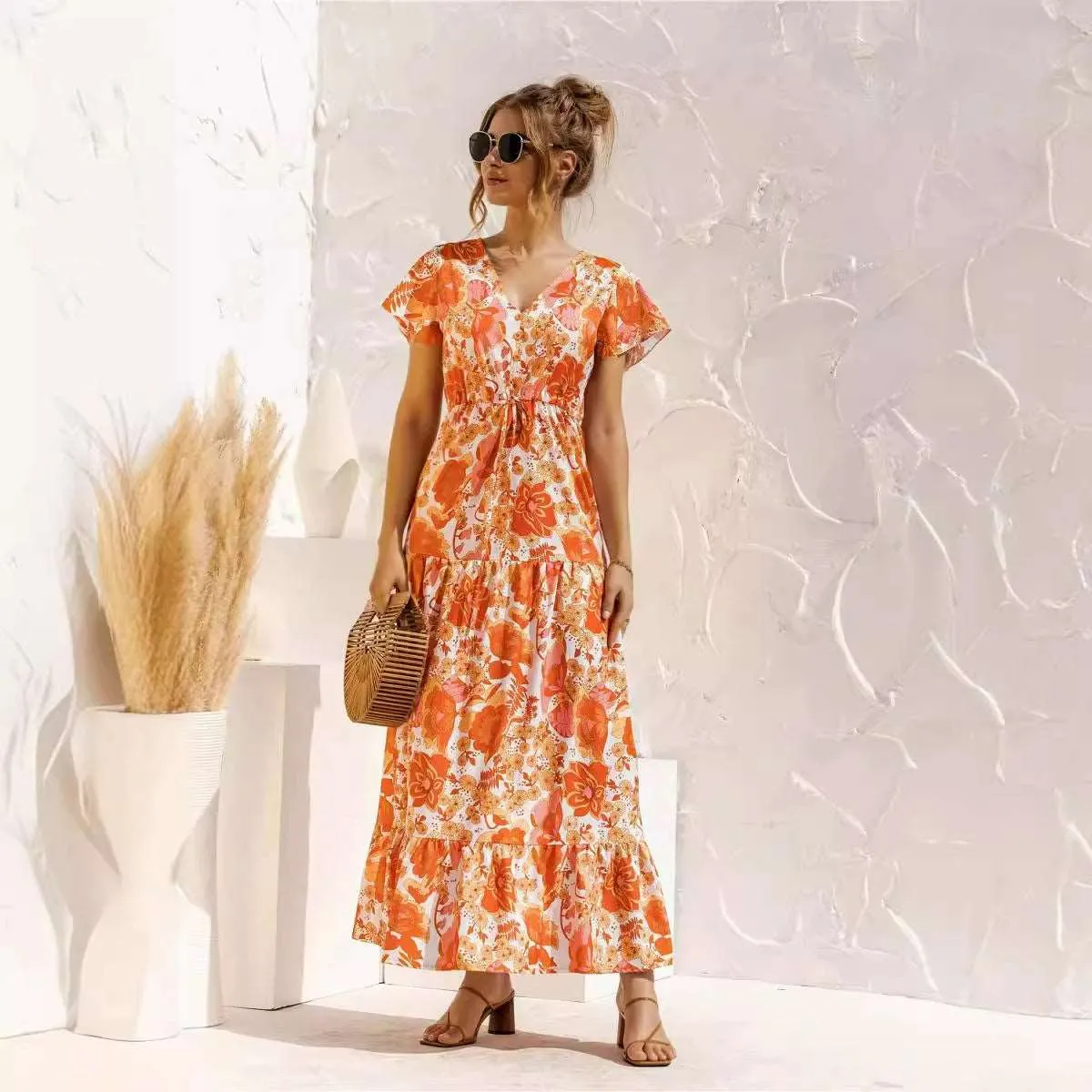 Women's Short Sleeved V-neck Lace-up Flower Button Dress