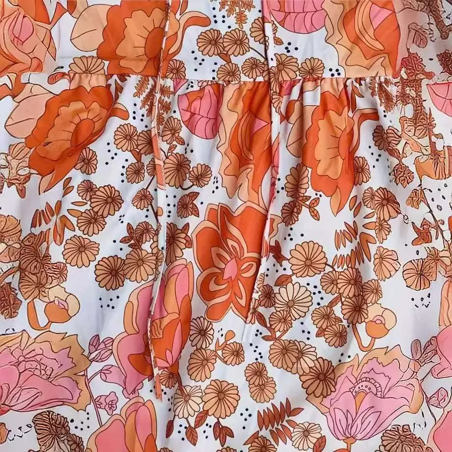 Women's Short Sleeved V-neck Lace-up Flower Button Dress