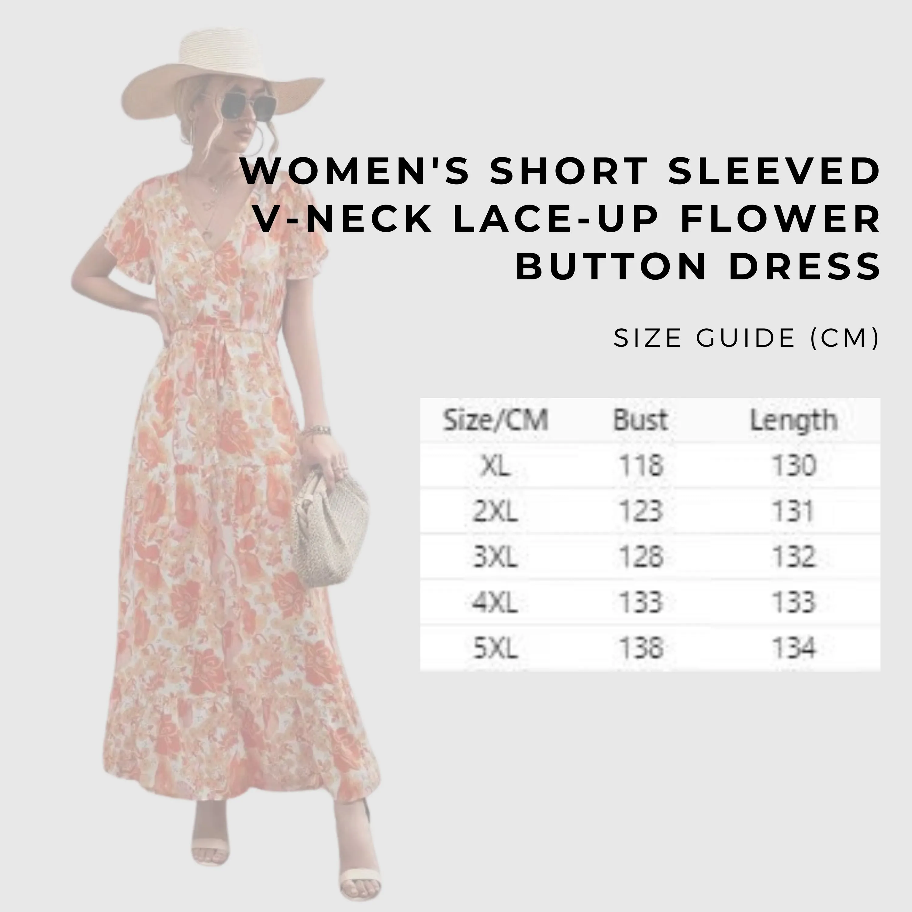 Women's Short Sleeved V-neck Lace-up Flower Button Dress