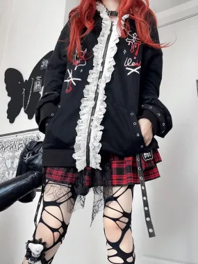 Y2K Black Cat Ears Design Hood Lace Trim Zip Hoodie